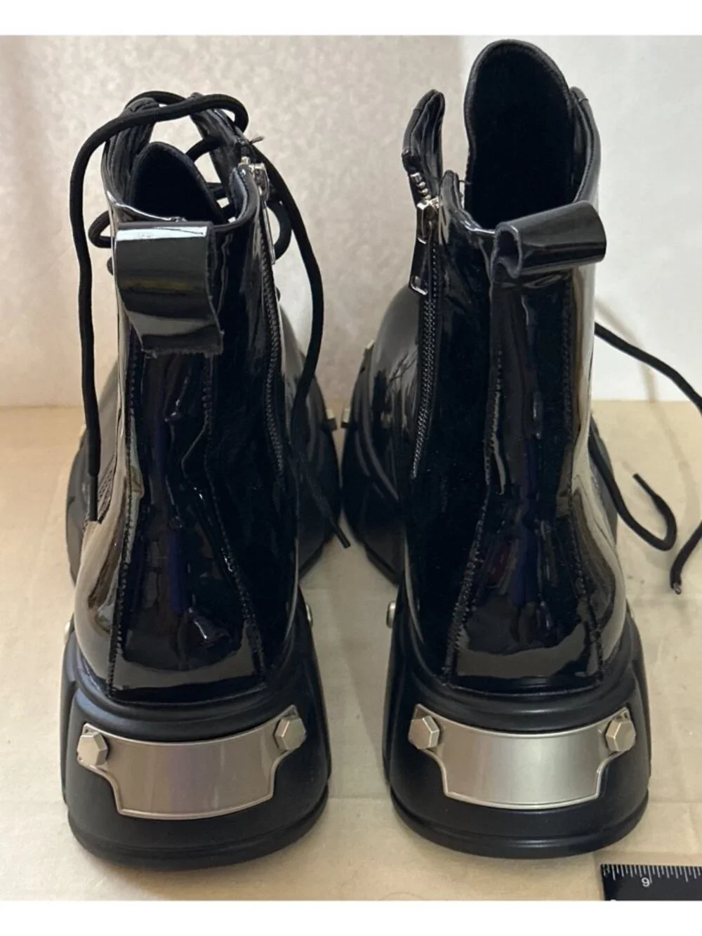 Black Platform Combat Boots Men 12 Goth Chunky Punk Metal Hardware Lace-Up Zip